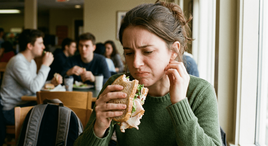 Young woman frowning at a sandwich while sitting in a busy cafeteria